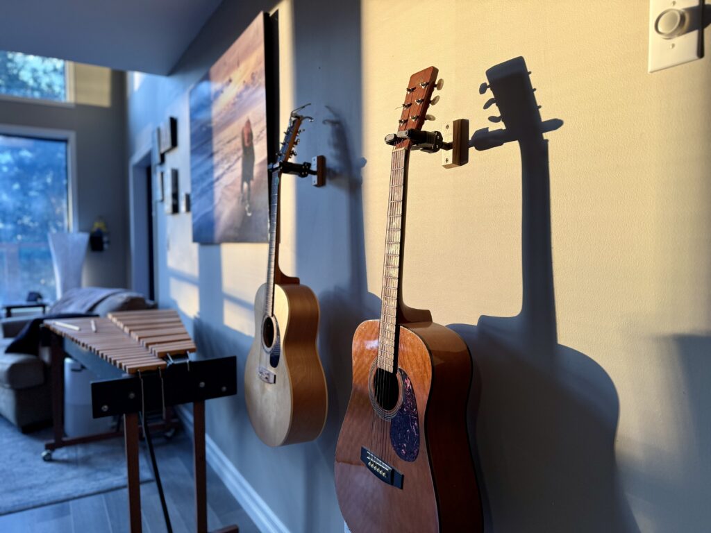 Acoustic guitars and marimba in warm evening light at Sonic Forest Studios recording studio near Victoria BC