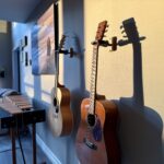 Acoustic guitars and marimba in warm evening light at Sonic Forest Studios recording studio near Victoria BC