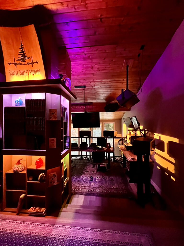 Entrance to the Dolby Atmos mixing room at Sonic Forest Studios with wood ceilings and studio sign