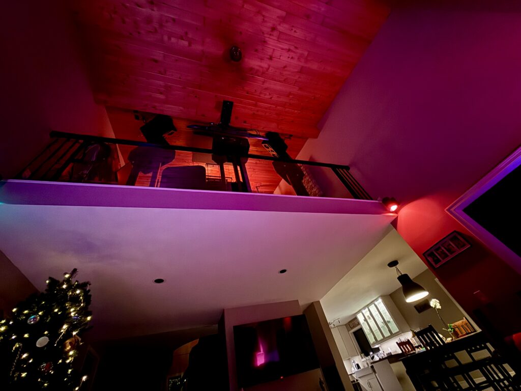 Looking up at the Dolby Atmos mix loft mezzanine at Sonic Forest Studios