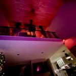 Looking up at the Dolby Atmos mix loft mezzanine at Sonic Forest Studios