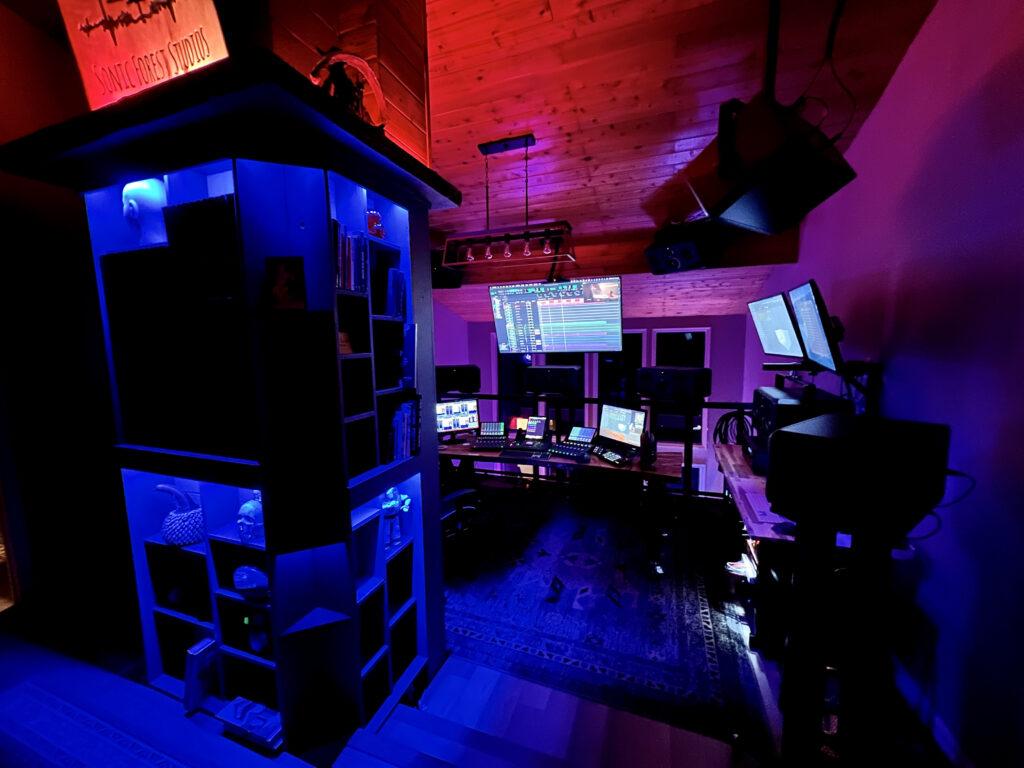 Focusrite RedNet R1 monitor controller displaying 7.1.4 Dolby Atmos output metering at Sonic Forest Studios
