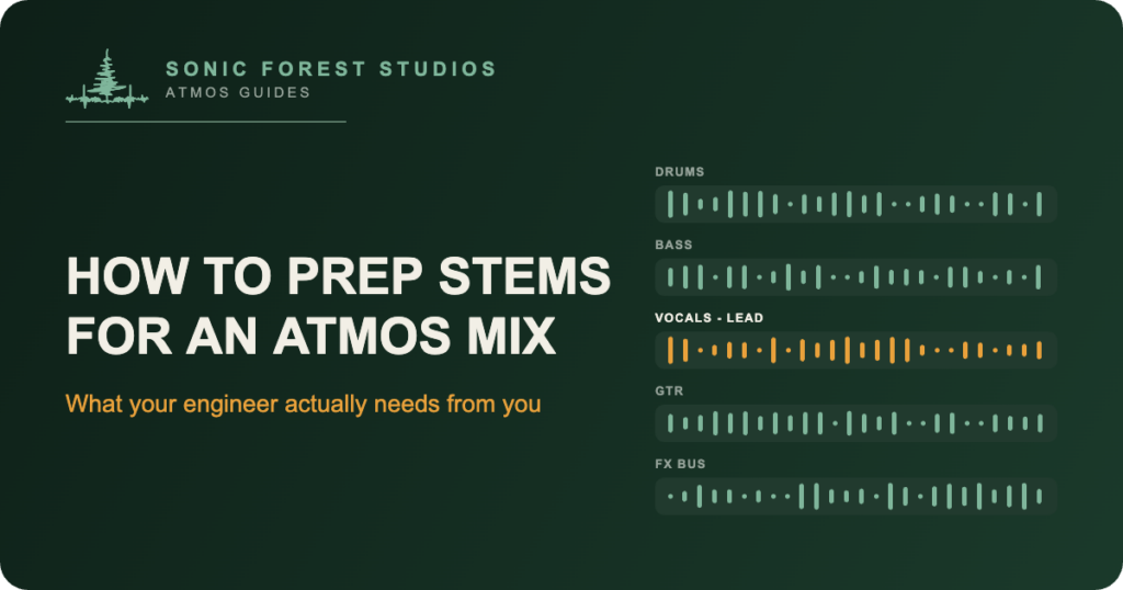 Dolby Atmos stems preparation: labelled track lanes ready for an immersive mix