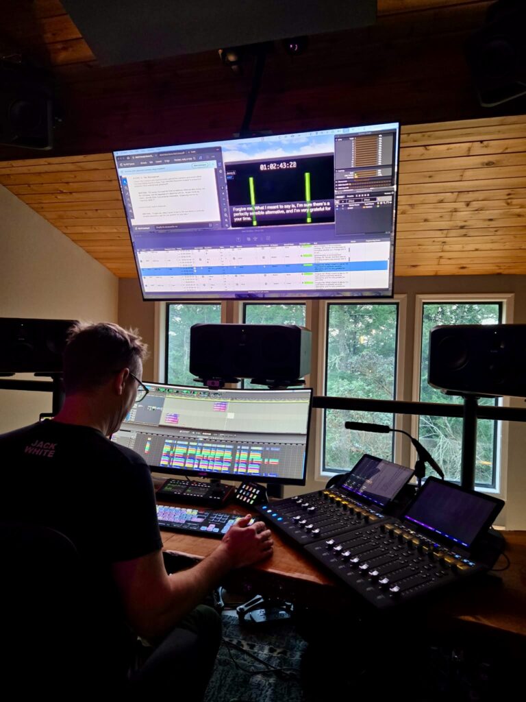 Todd Hooge at the mixing desk running an ADR session in the Dolby Atmos control room at Sonic Forest Studios